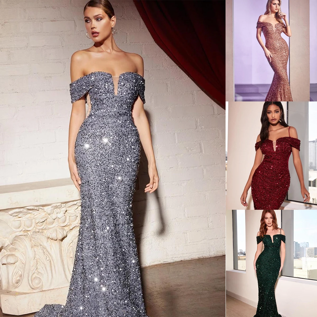 

Sparkly Celebrity Dresses For Women Sequins Off-Shoulder Skirt Slim Fit Prom Party Sweep Train Dress