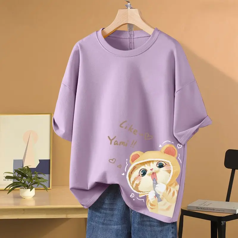 Women Chic Cartoon Printed T-shirt  Summer Pure Cotton Short Sleeve Top Tees Daily Casual Loose Basics Pullovers