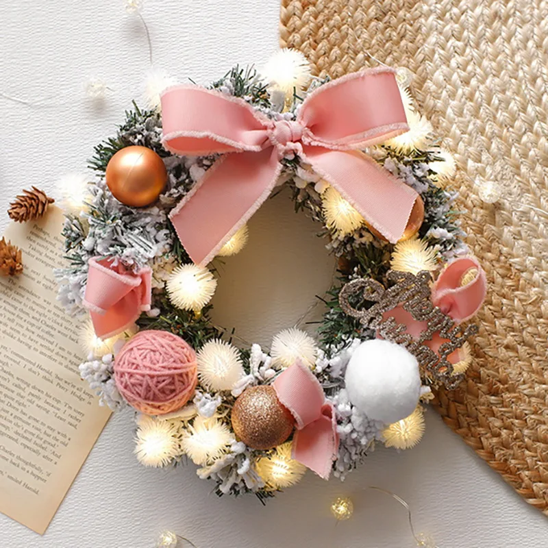 2025 New Year's Christmas Props Eco-Friendly Flock Pink Wreath Bow Shopping Hall Wall Hanging Wreath