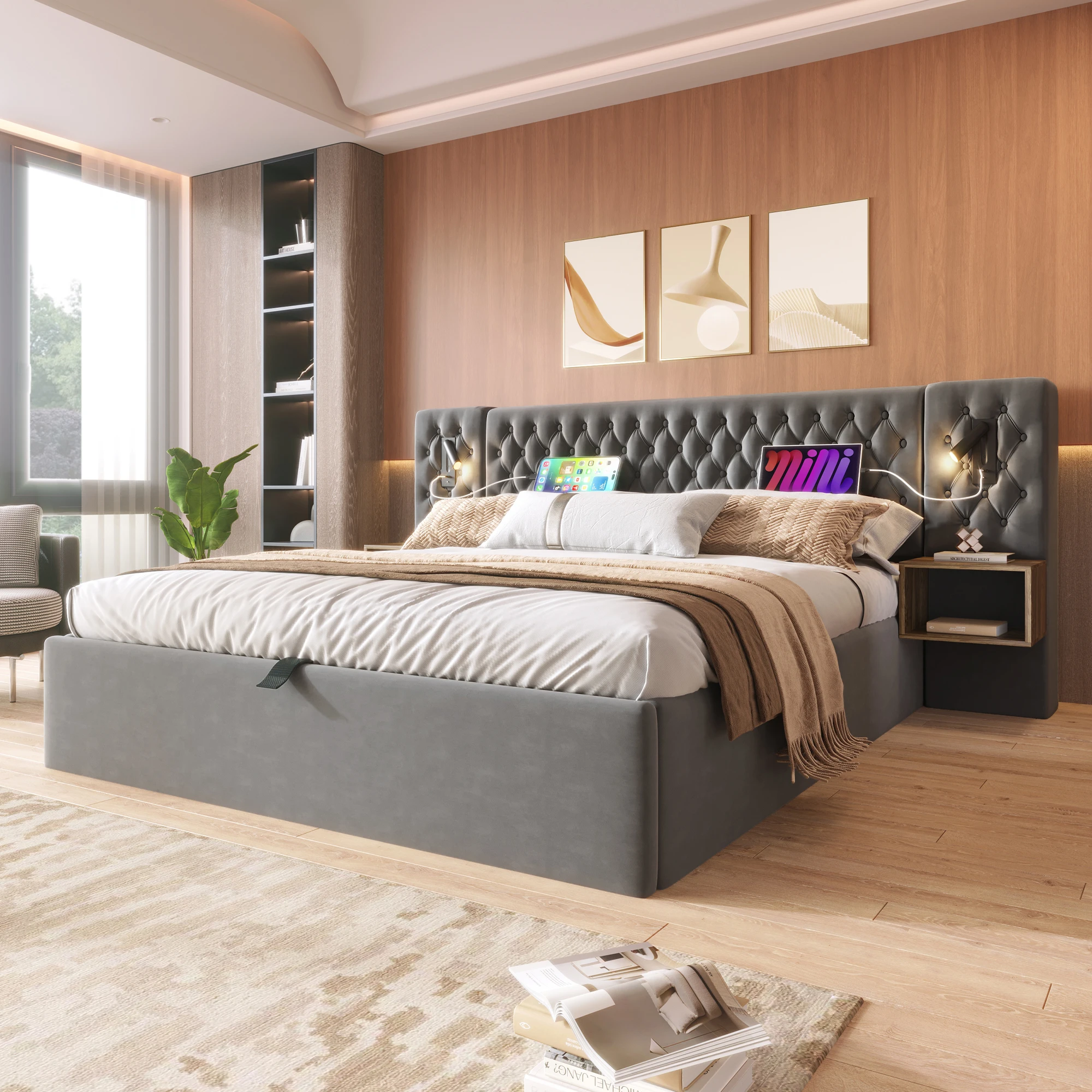 Ensemble de chambre à coucher 160x200 cm avec tête de lit LED et vérins hydrauliques, gris velours