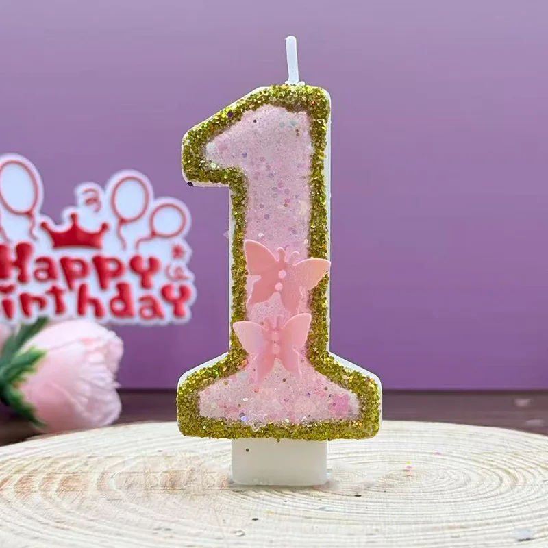 Pink butterfly number 1 candle gold border glitter, one year old girl's birthday cake decoration, digital candle