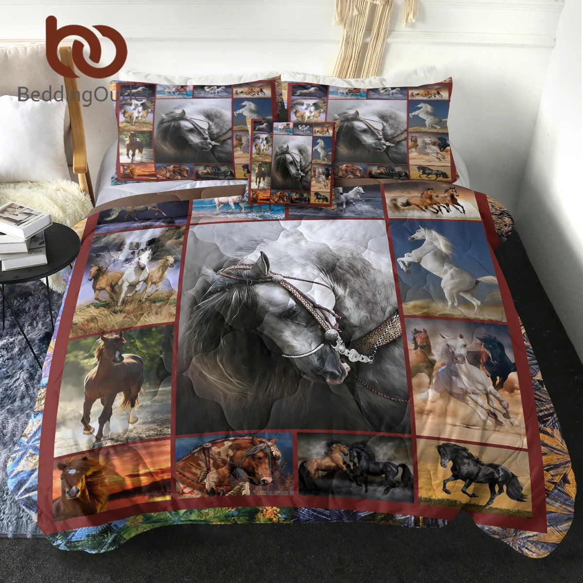 BeddingOutlet Black White And Brown Horse Bedding Set Realistic Stallion Pattern  Comforter Quilt Pilow Sham With Cushion Cover