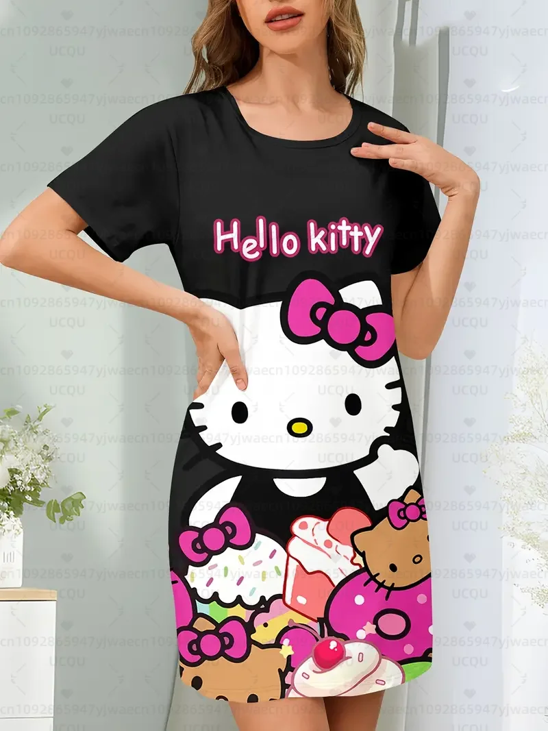 夏の女性の Tシャツドレスプラスサイズカジュアルハローキティプリント O ネックレディ半袖プルオーバードレス女性服