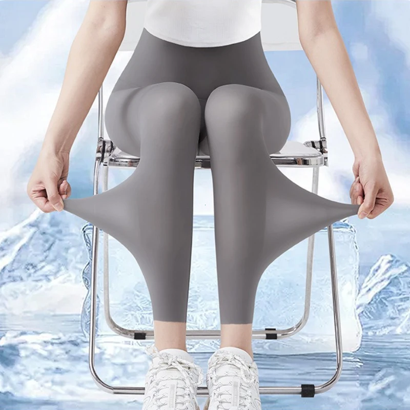 Legging fino de verano para mujer, ropa exterior, protector solar sedoso, sensación fresca, pantalones de Yoga de cintura alta, pantalones ajustados elásticos