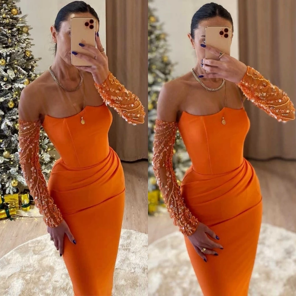 

Customized Fashion Jersey Mermaid Evening Dress Exquisite Boat Neck Prom Dresses Temperament Long Sleeves Special Occasion Gowns
