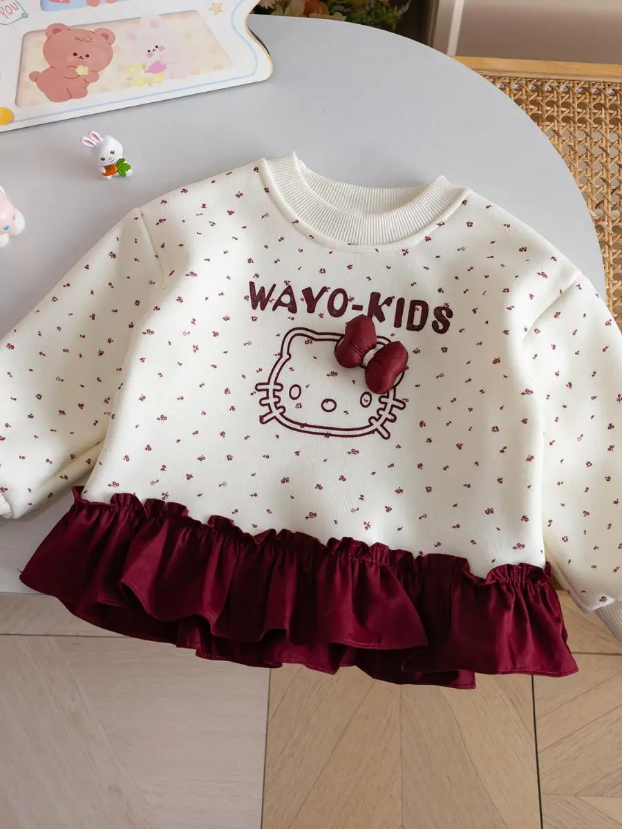 Girls' Fce Lined Hoodie Cartoon Print On-Head irt Autumn Winter Cute Top Princ Sle Children's Clothing T-irt