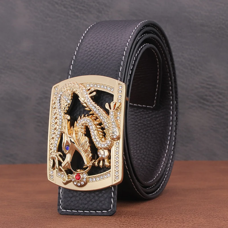 Hebilla lisa de dragón chino para hombre, cinturón de cuero genuino, diseño de lujo, Ceinture de alta calidad