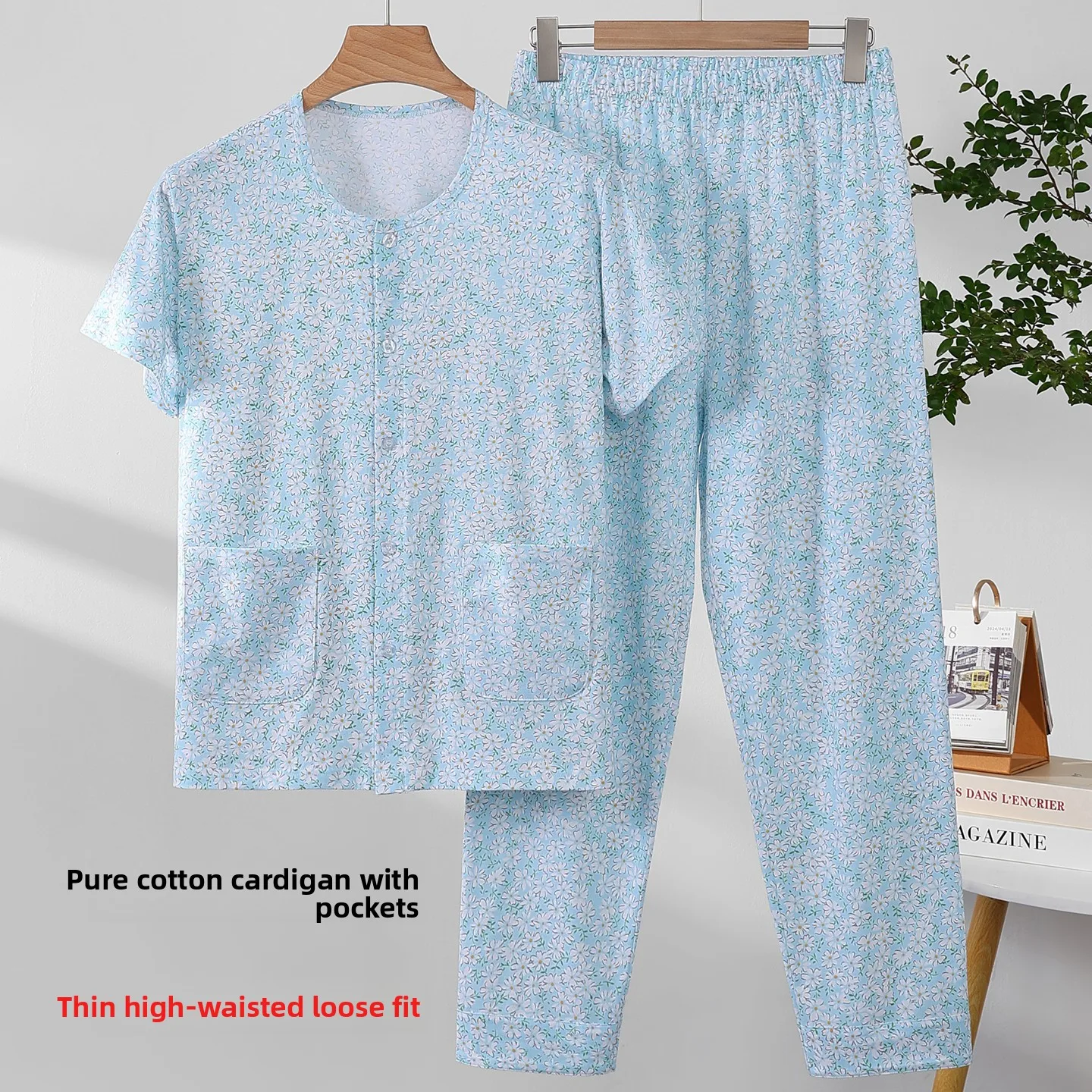 Women's Summer Lightweight Pure Cotton Half Sleeve Sleepwear Pants Loose Home Leisure Suit Air Conditioned Comfortable Nightgown