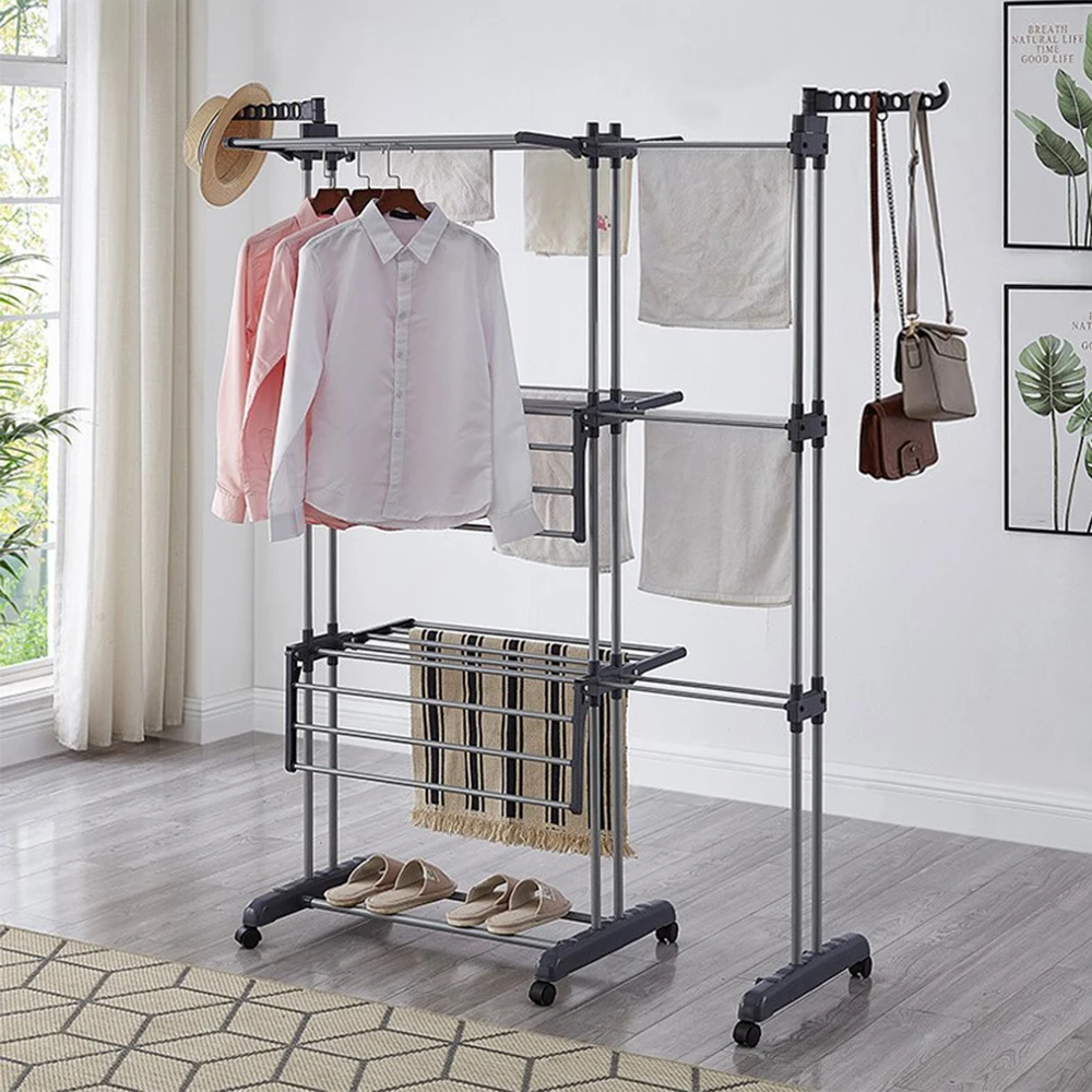 Séchoir à linge sur pied avec 6 ailes pliables sur 3 niveaux, étendoir à linge extensible de 75 à 142 cm, table à laver pliable