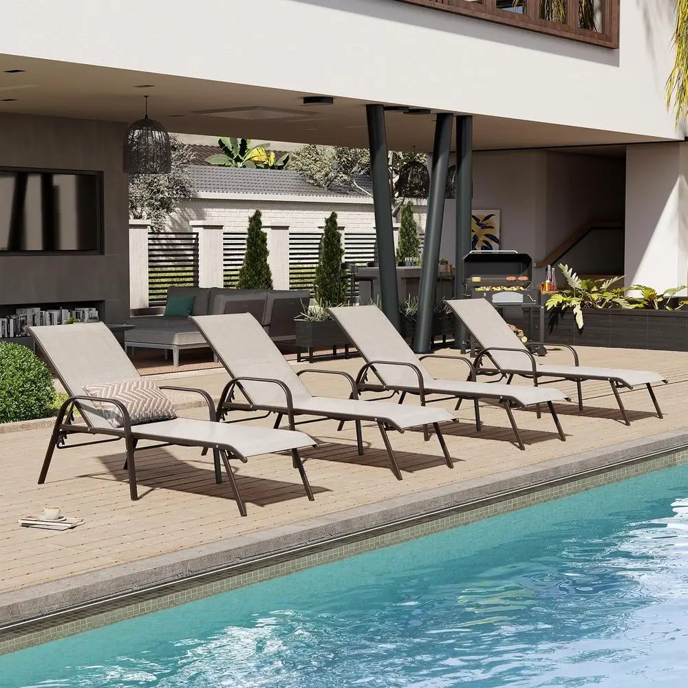 

5-Position Adjustable Pool Lounge Chairs with Armrests, Suitable for Patio, Beach, Deck, and Yard (Set of 4, Beige)