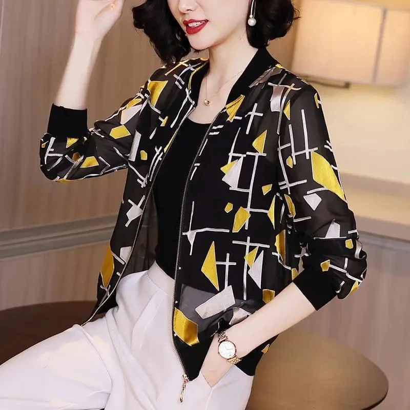 Elegant Print Chiffon Summer Jackets Women Long Sleeve Thin Chaqueta 5XL Oversize Sun Protection Cardigan Spring Bomber Abrigos