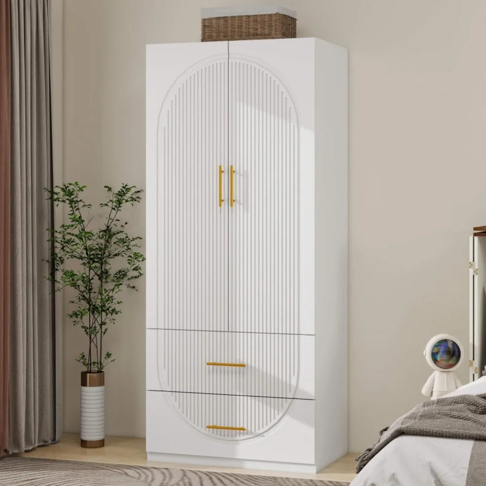 

74.2" Tall 2 Doors Wardrobe Closet 2 Drawers Wood Bedroom Closet Wardrobe Armoire Cabinet White Freestanding Wardrobe Cabinet w