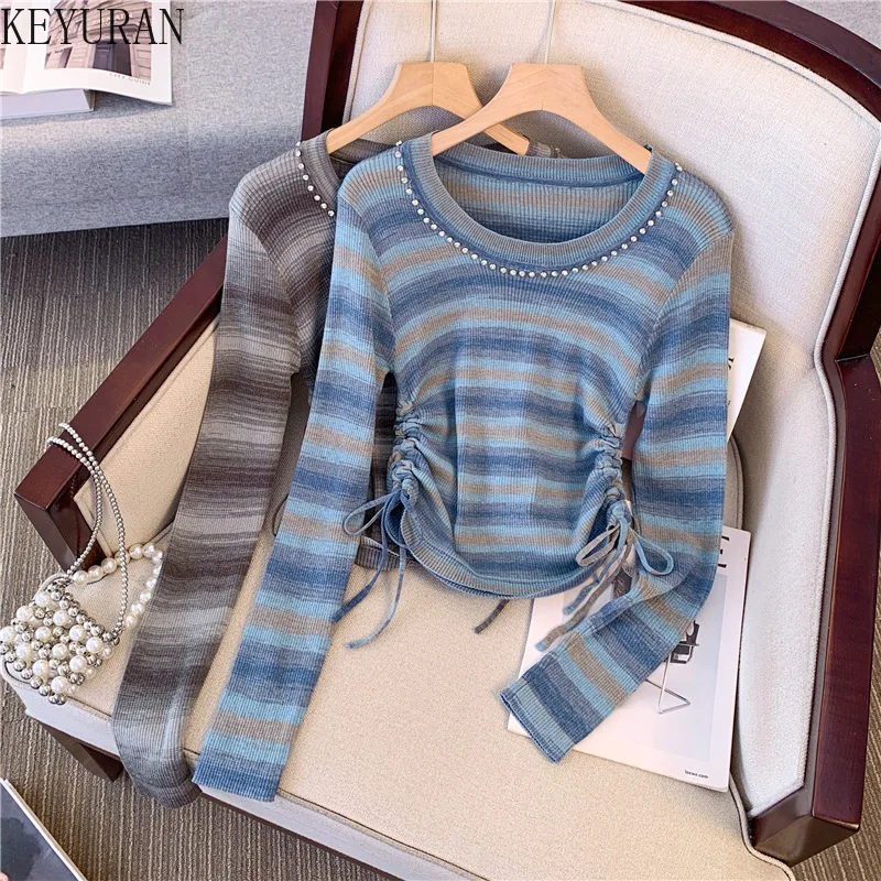 Retro Striped Pullover Knitted Sweater Women Autumn New 2024 O-Neck Screw Thread Fashion Slim Versatile Casual Long Sleeved Tops