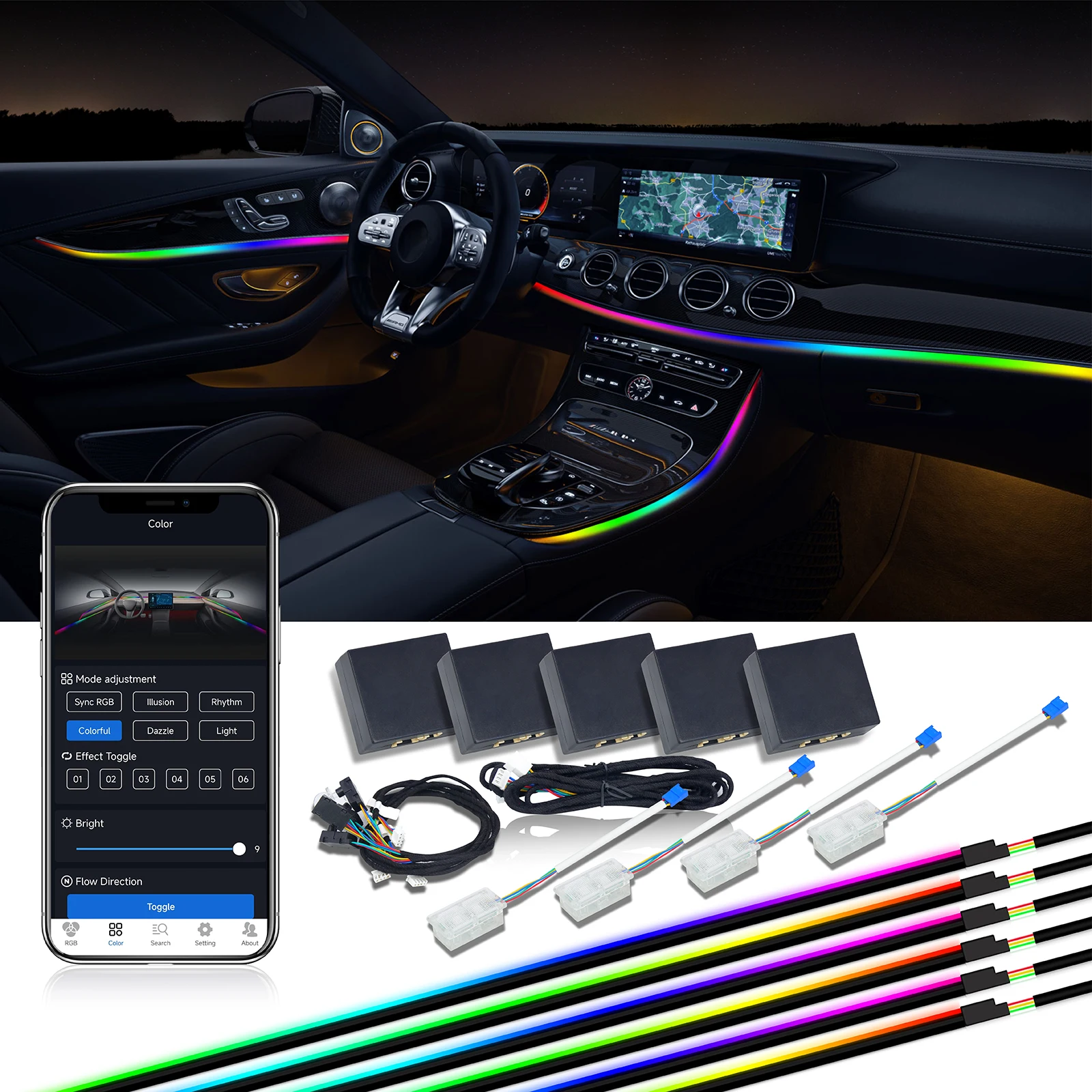 18 In1 Full Color Universal Symphony Car Ambient Lights  Decoration Atmosphere Lamp 64 RGB Acrylic Colorful Streamer Rainbow LED