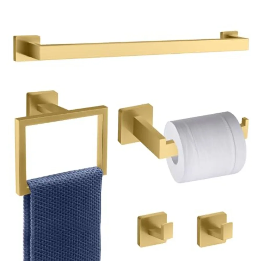 

5 Pcs Gold Towel Bar Set Bathroom Hardware Set Gold Bathroom Accessories Set with 2 Towel Hook Staless Steel Wall Mounted Bathr