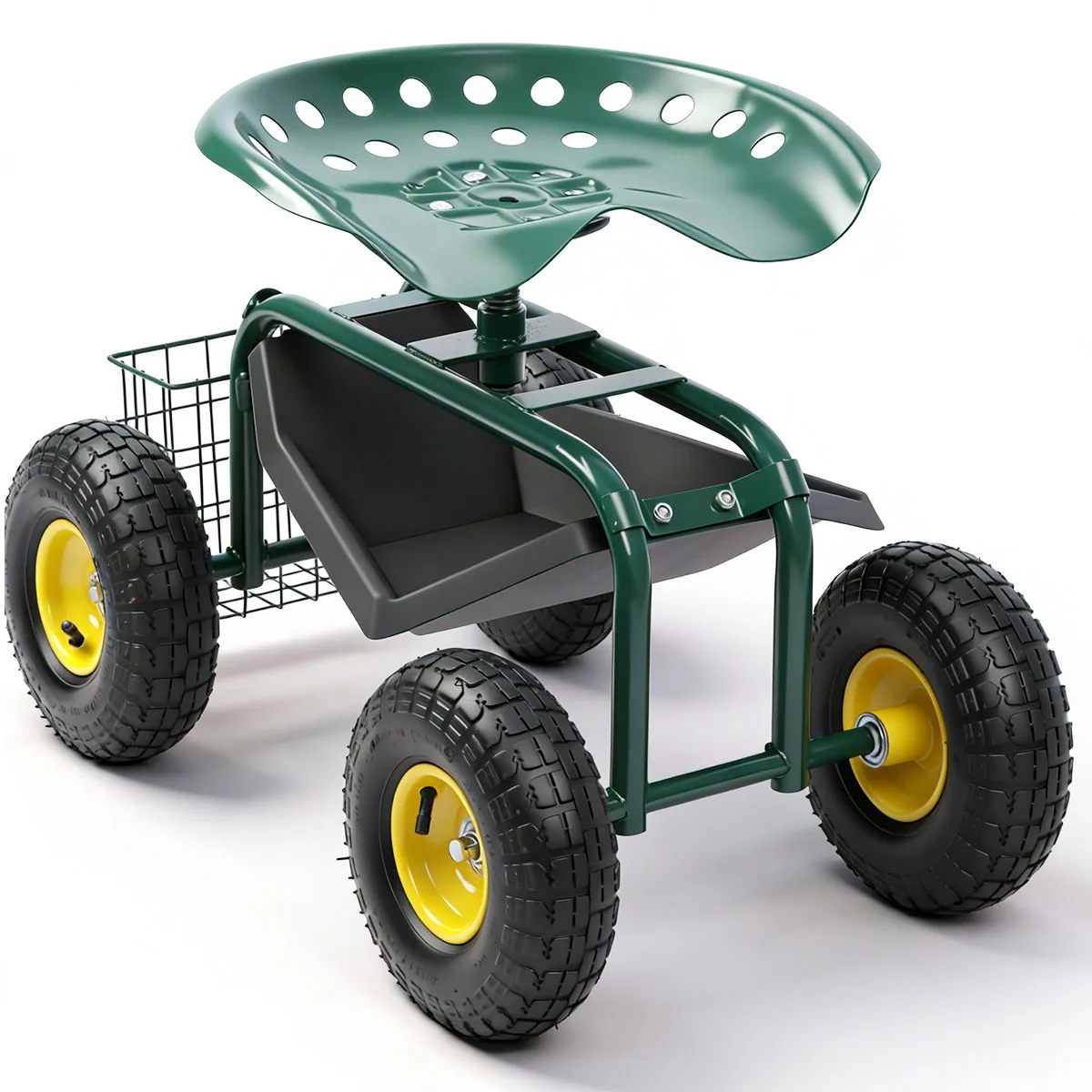 

Садовое кресло на колесах, передвижная садовая тележка с регулировкой на 360 градусов ° Вращающееся сиденье, поднос для инструментов, корзина для газона, двора, патио