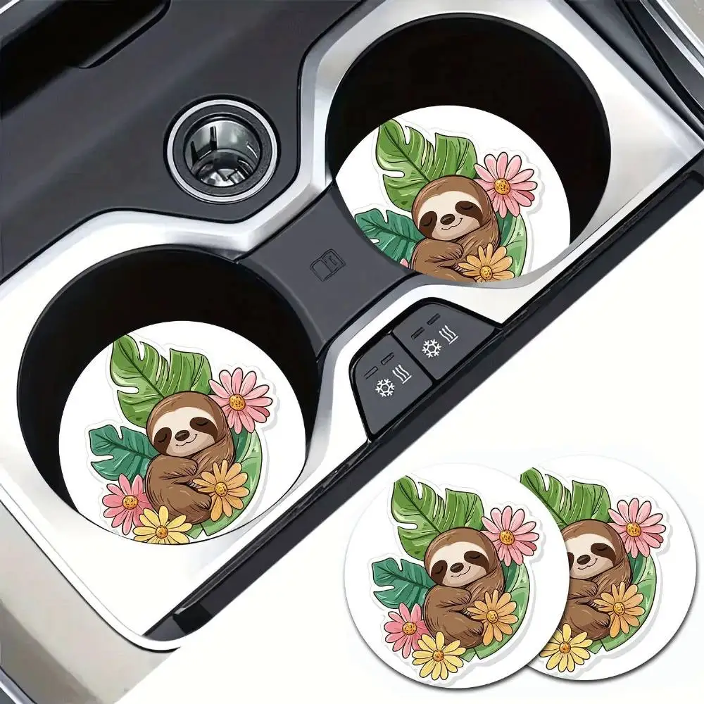 Cute Sloth Cartoon EVA Car Coasters Set Of 2. Floral Pattern Fits Cup Holders Lovely Vehicle Interior Decor.