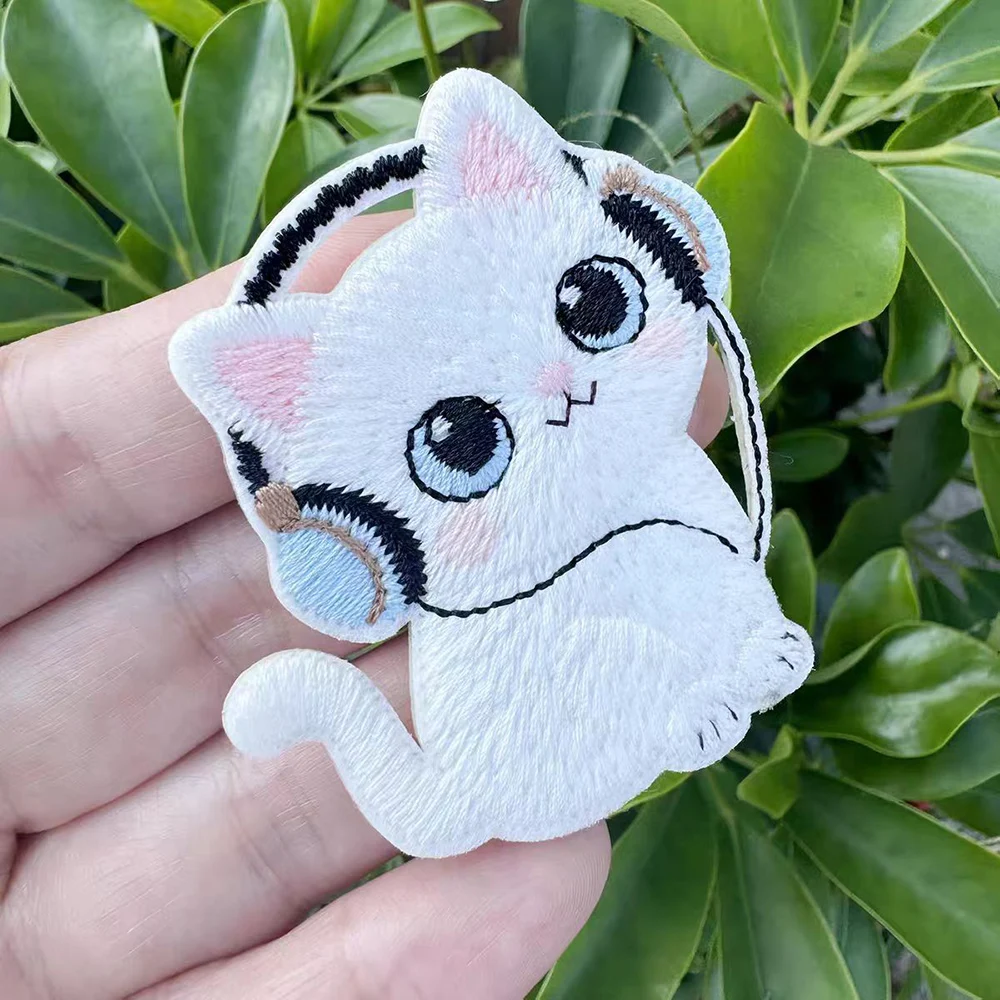 4-teiliges Katzen-Stickerei-Patch mit Kopfhörern für Kleidung, Rucksack-Zubehör, zum Aufbügeln, DIY-Aufkleber, Reparatur, Basteln – Detail 7