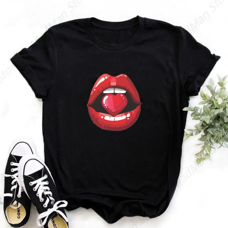 Fashion Women's Casual Sequins Red Lip T-Shirt Short Sleeve T-Shirts 2020 Vintage Creativity zipper Lips T-Shirt