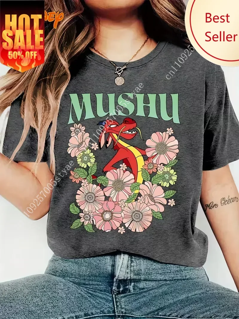 

Disney Mulan Mushu Dragon Pink Flowers Floral T Shirt Vintage Women Men Cotton Tee Short Sleeve Casual Oversized Streetwear Grey