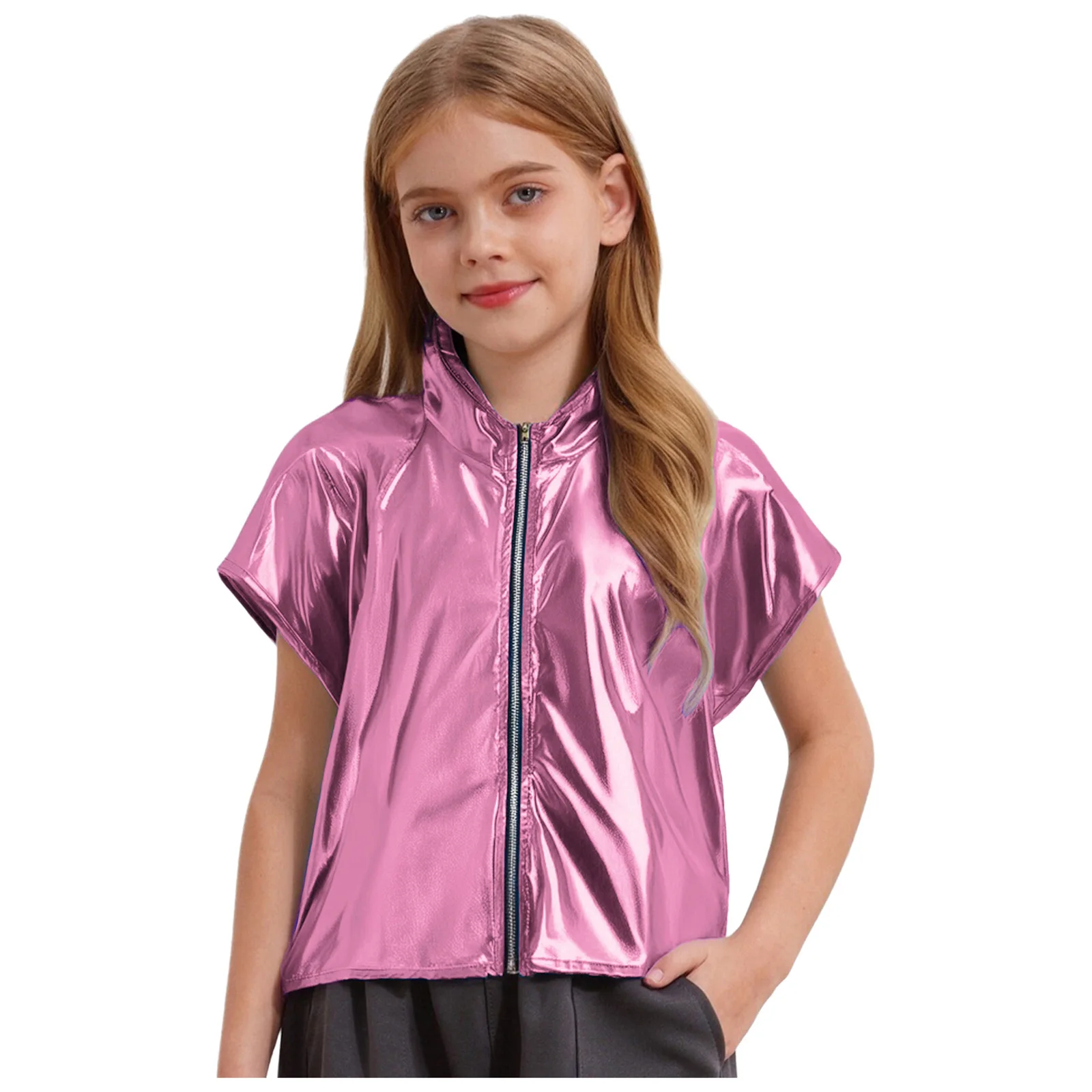 

Kids Boys Girls Jazz Dance Vest Metallic Hooded Street Dancewear Sleeveless Shiny Hoodie Waistcoat for Stage Performance Costume