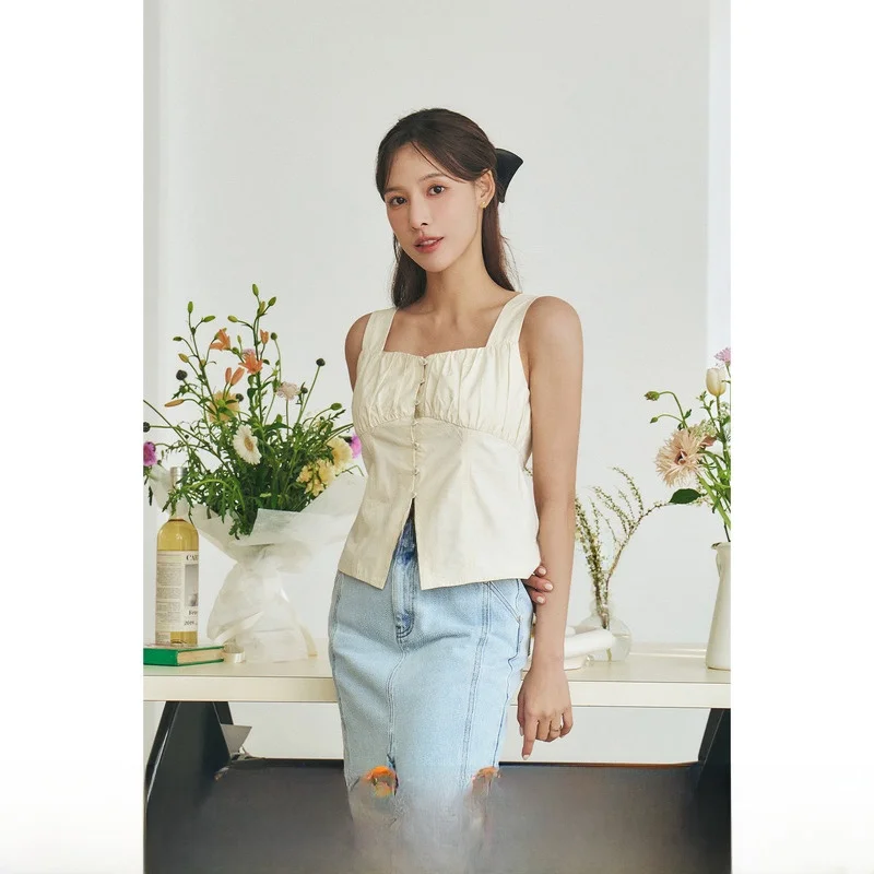 

Pure Cotton Square Collar Gathered Side Slit Slimming Top Versatile Commute irt Korean Sle Button Detail Svel