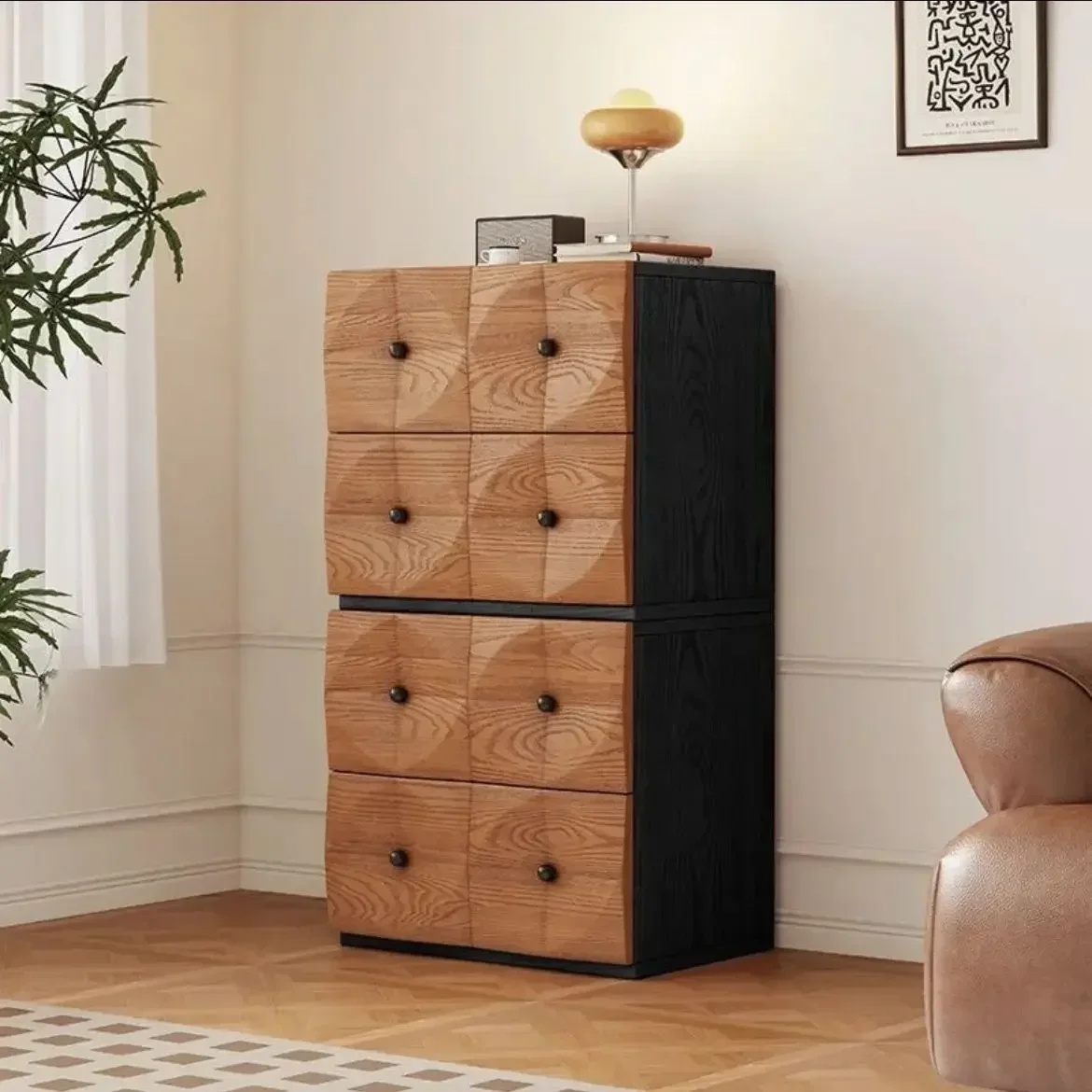 Medieval style card door solid wood chest ash wood edge cabinet storage cabinet module combination drawer cabinet French retro