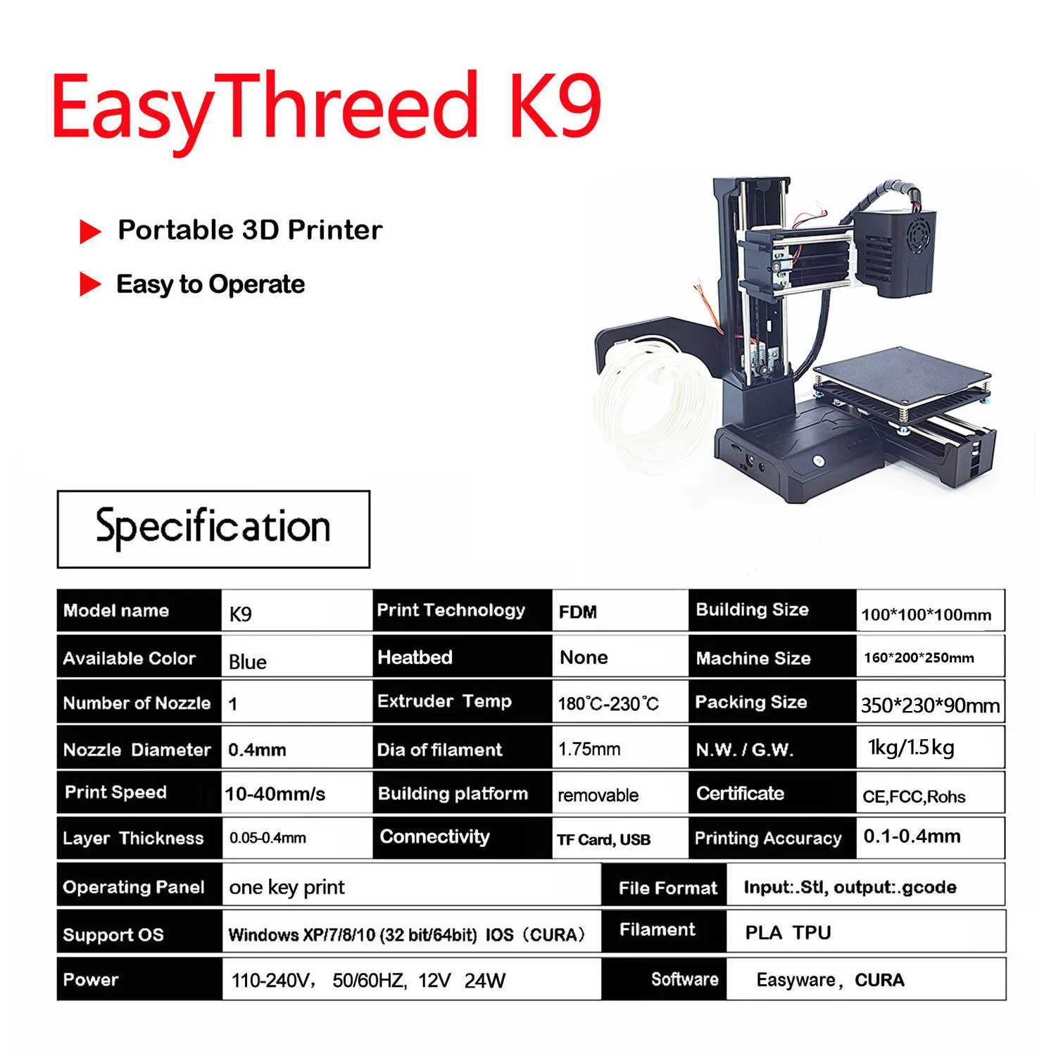 EasyThreed K9 Mini 3D Printer Easy to Use Entry Level  Gift 3D Printer FDM TPU PLA Filament 1.75mm Black