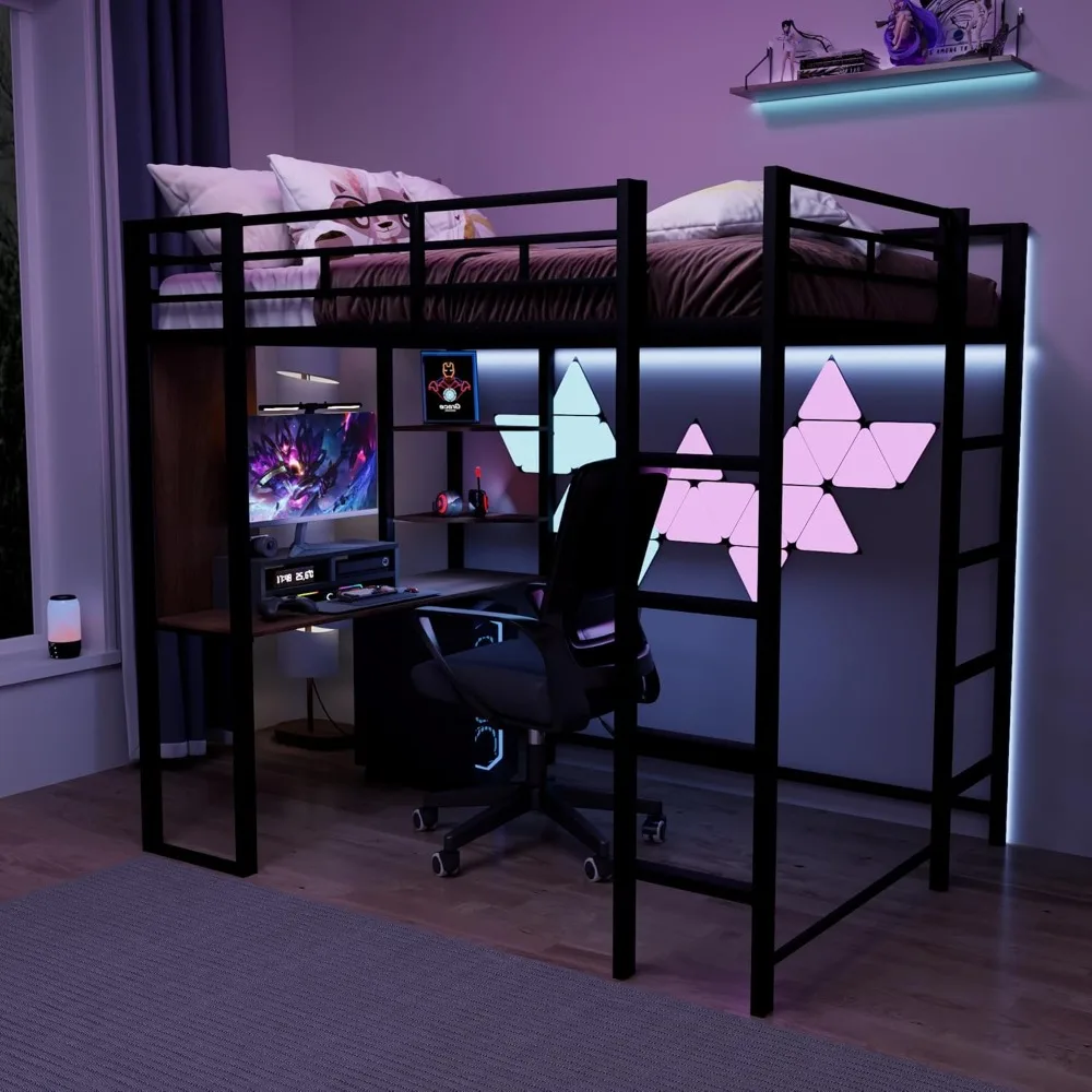 Metal Loft Bed with 2 Shelves and One Desk, Noise Free, No Box Spring Needed, Easy Assembly, Full Size, Black