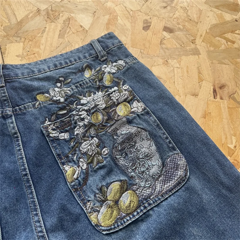 Derschutze جينز الخريف حديقة عدن الرجعية المتعثرة المطرزة الدنيم ملابس رجالية النساء السراويل الطويلة #4