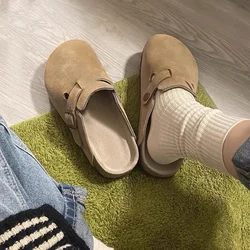 New Fashion Faux Suede Flat Slippers Women Autumn Vintage Close Toe Mules Shoes Woman Soft Sole Cork Slides Outdoor Slippers