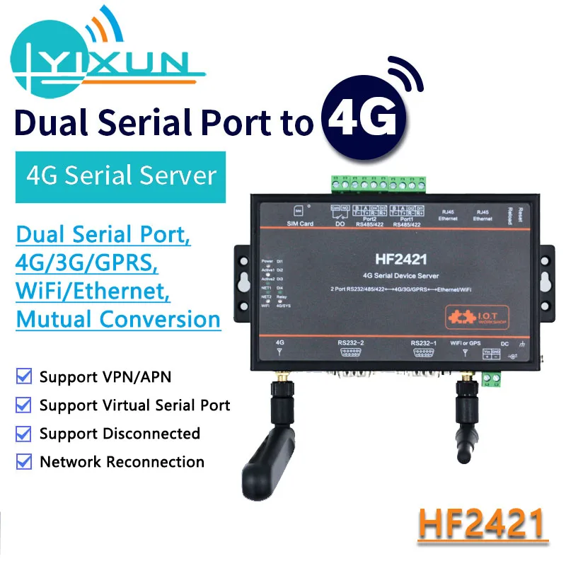 Dual Port Serial Device Server HF2421 RS232/485/422 to Ethernet Wifi 4G 3G GPRS Network Converter DTU Full Netcom GPS modbus