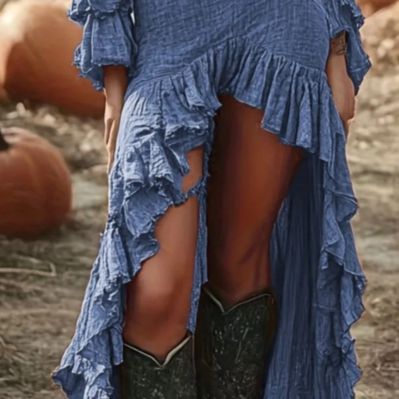 Abito sexy alla moda da donna primavera manica lunga scollo a V profondo midi Boho pieghettato fungo volant abiti clubwear irregolari per le donne