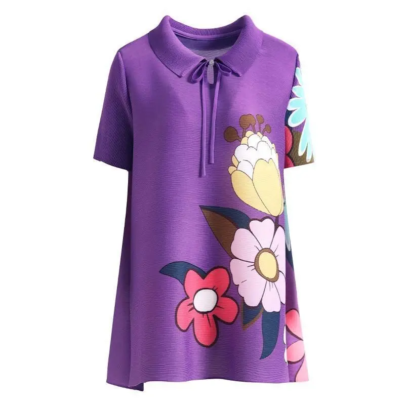 

Плиссированный фиолетовый универсальный топ с короткими рукавами и принтом, новинка лета 2021, модная тонкая свободная футболка с воротником-поло для женщин