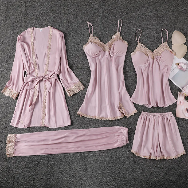 Spring Summer Pajamas Female Five-piece Set Ice Silk Thin Models Sexy Robe Sling Silk with Chest Pads Four Seasons Home Wear New