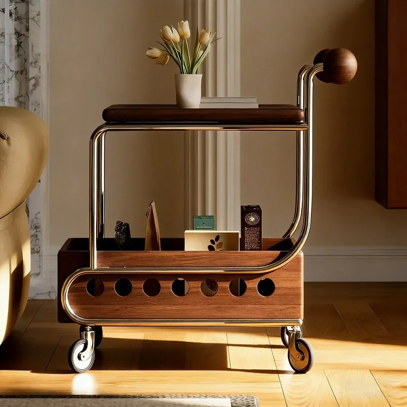 

Rolling Wood Side Table, Vintage Mobile Storage Cart with Wheels, Small Coffee Table for Couch, Farmhouse Tier Shelf for Living