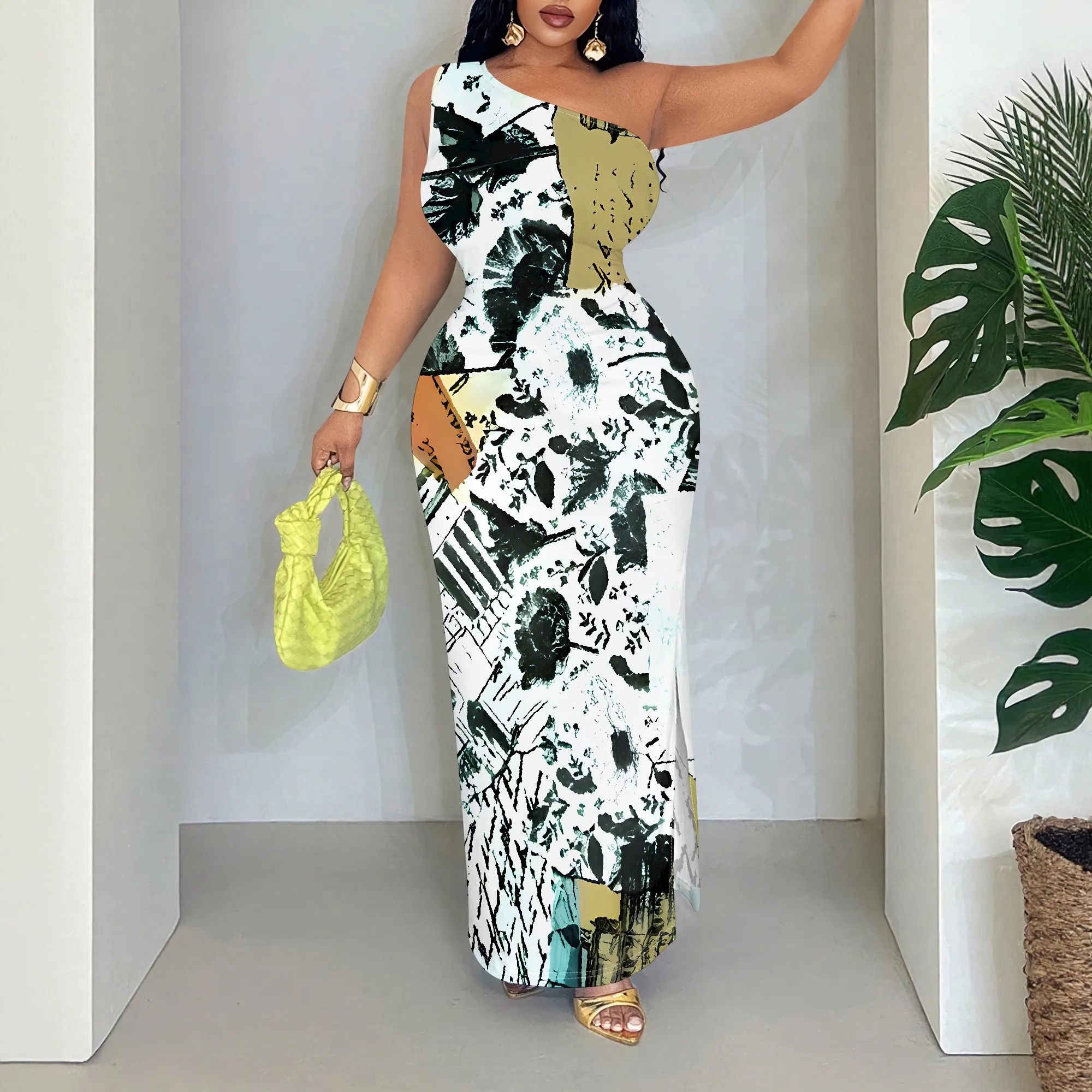 

Abstract Print One Shoulder Maxi Dress, Sleeveless Bodycon Gown, Asymmetric Neckline Party Wear for Women, S-2XL