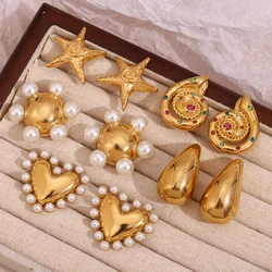 E.B.belle Whirlpool Hammer Pattern Pentagonal Star Shell Hollow Pearl Smooth Heart Round Wheel Stainless Steel Earrings
