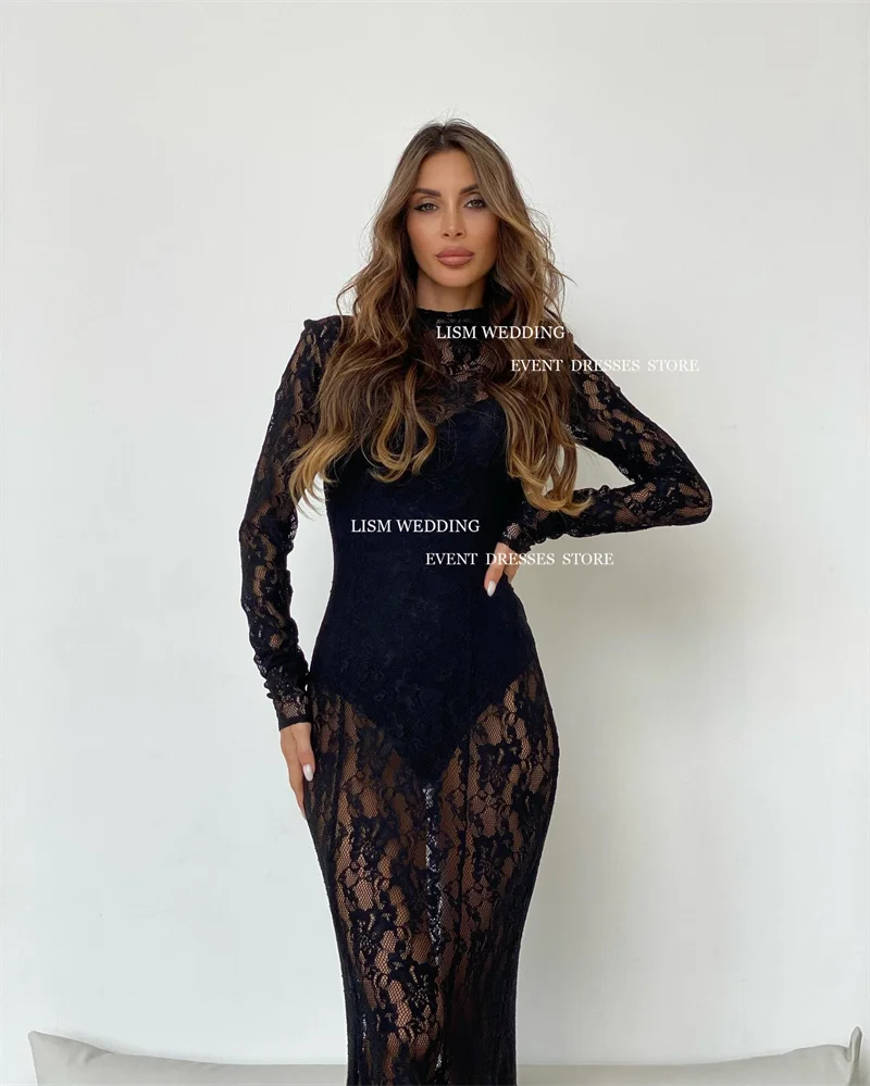 LISM Vintage Black Lace Mermaid Evening Dresses Long Sleeves High Neck Sexy Floor Length Prom Party Dress For Saudi Arabic Women