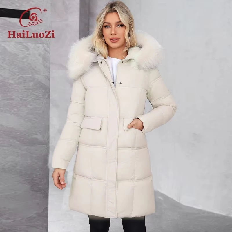 HaiLuoZi 2024 New Women\'s Winter Coat Warm Hooded Thickened Bio Cotton Coat Solid Color Large Pockets Women\'s Coat626