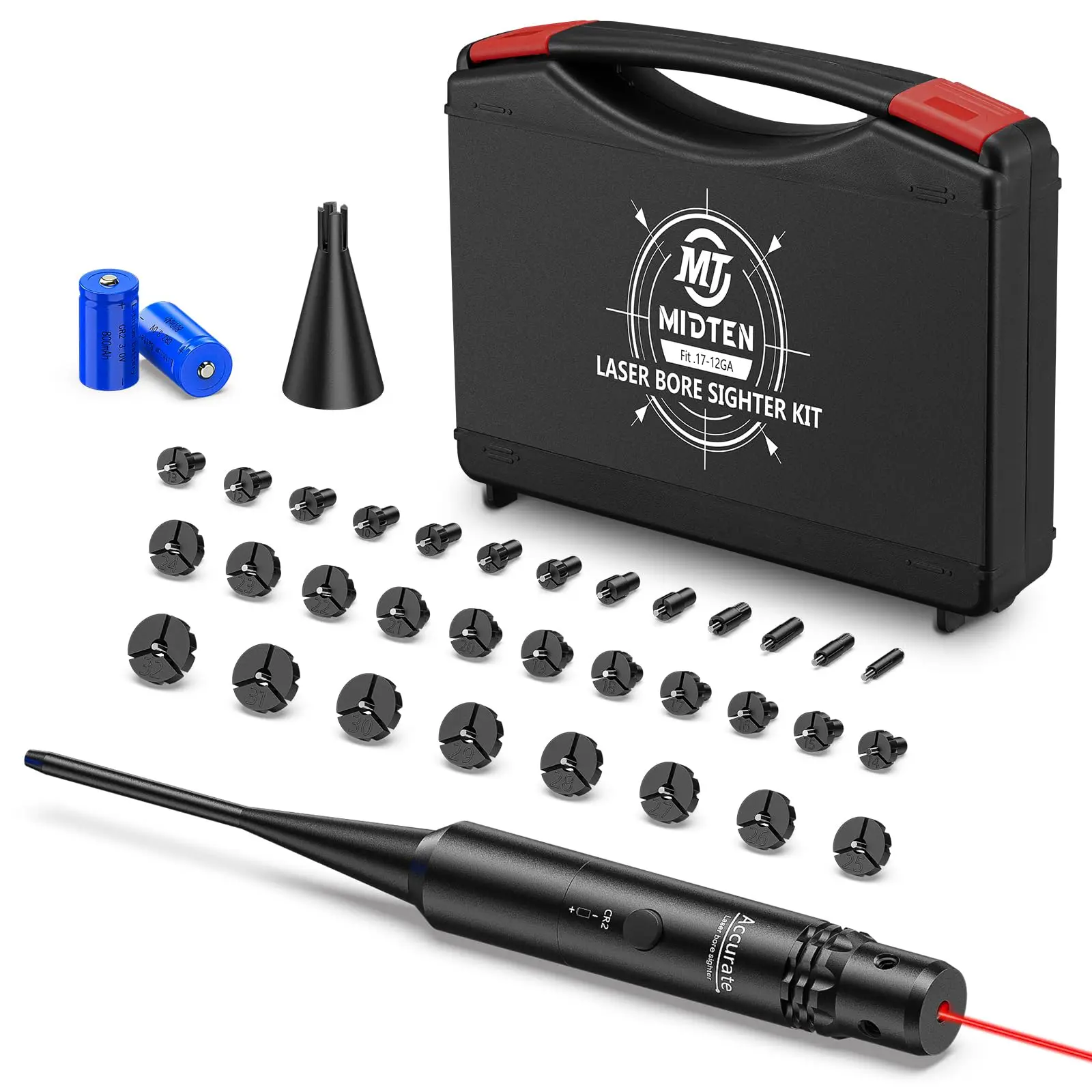 Laser Bore Sight Kit with Button Switch Professional Red/Green Sighter with 32 Adapters for 0.17 to 12GA Calibers Equipment