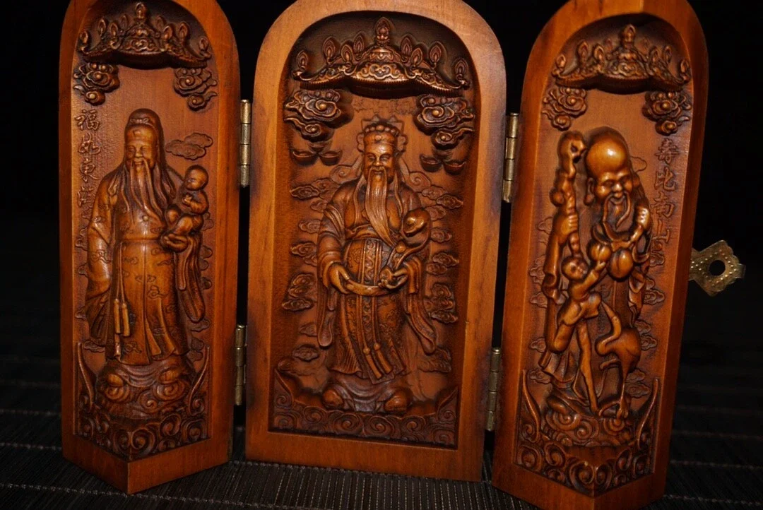 Collect Boxwood Carved Chinese 3 Wise Men Gods FU,LU,SHOU Figure Extension Box