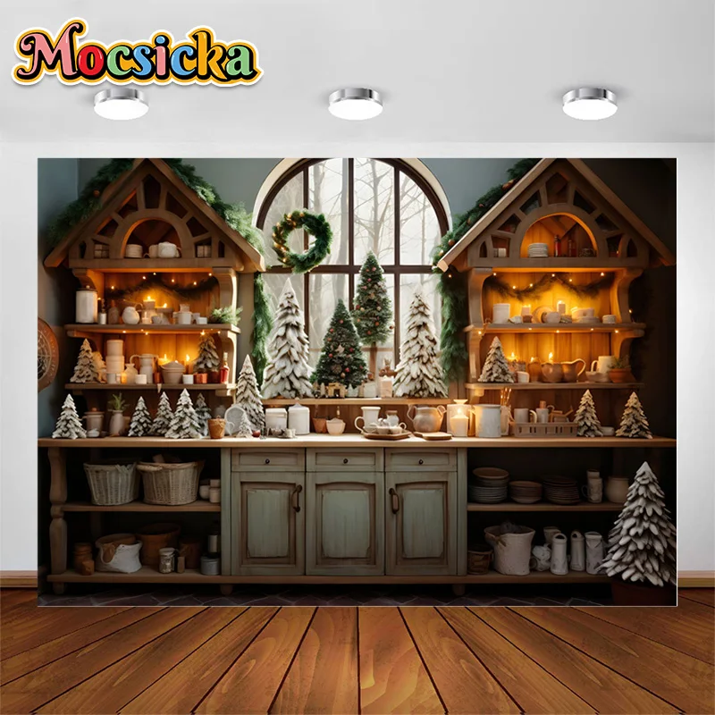 Christmas Kitchen Backdrop for Photography Wreath Closet Xmas Tree Decoration Kids Family Portrait Photo Backgrounds Photobooth