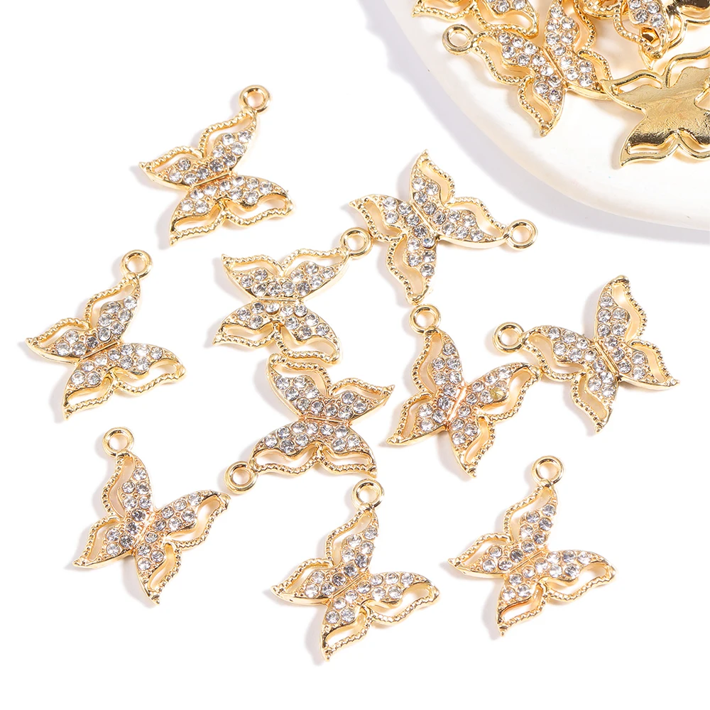 10Pcs/Lot Mixed Style Delicate Alloy Rhinestone Butterfly Pendant Gold Plated For DIY Earrings Necklace Jewelry Making Charms