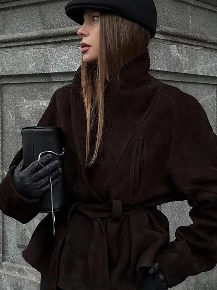 المرأة الخريف الصلبة التلبيب مربوط مع جيوب طويلة الأكمام سترة الإناث موضة الجلد المدبوغ الملمس شارع العليا معاطف غير رسمية #3