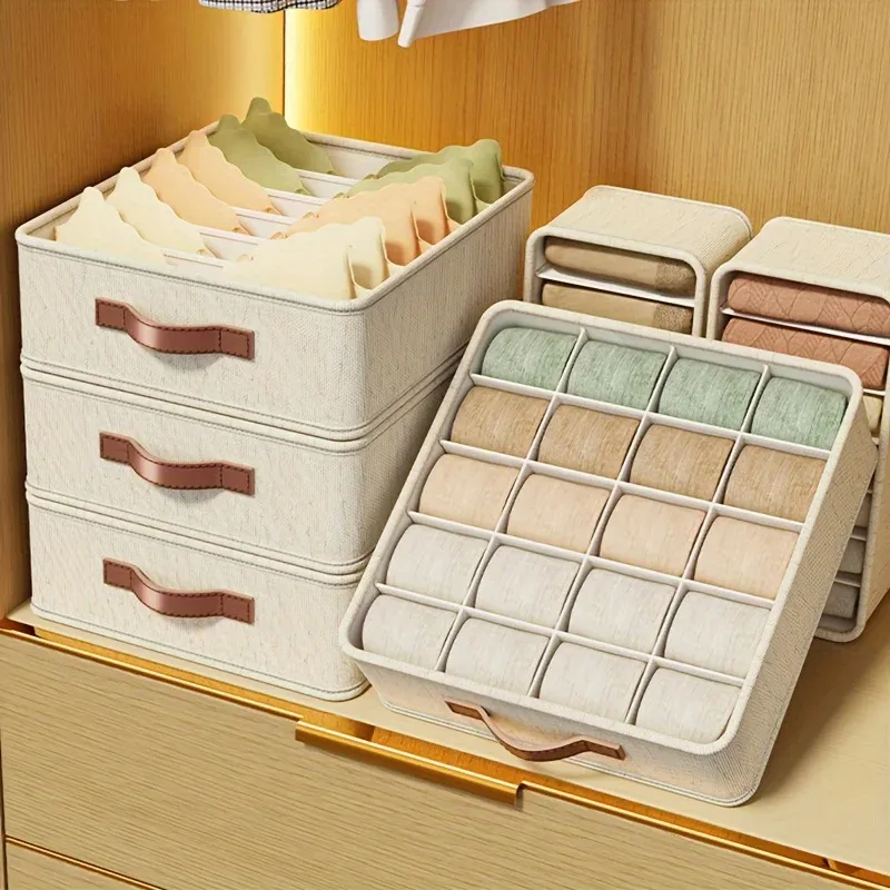 1pc Beige Foldable Drawer Organizer Stackable Fabric Storage Bin  with Rose Golden Handles for Socks Underwear Ties