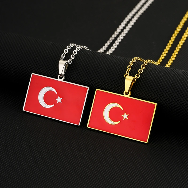 Drop Oil Turkey Flag Pendant Necklace For Women Turkish Gold Silver Color Stainless Steel Jewelry Ethnic Party Birthday Gifts