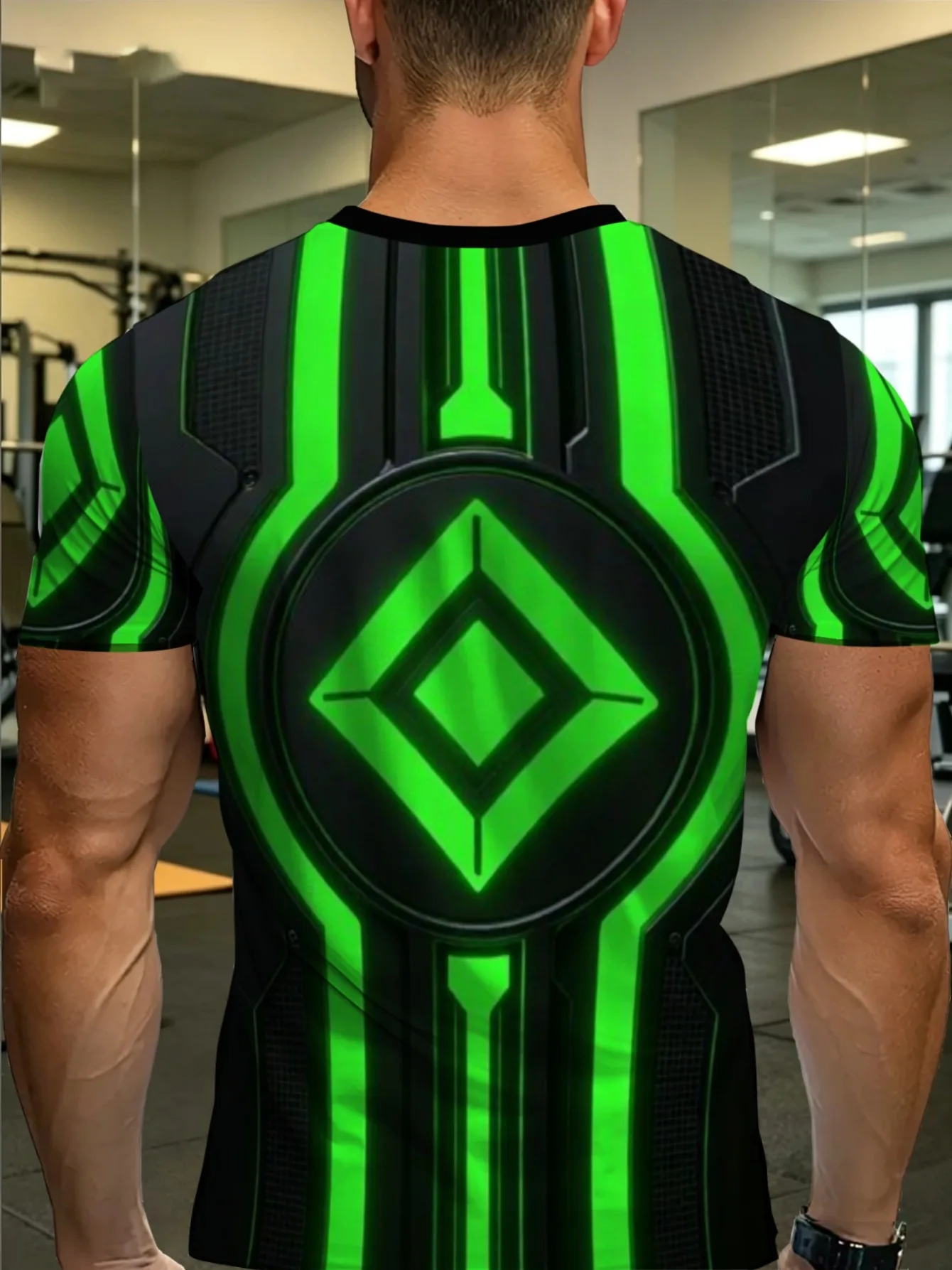 Men Neon Green Tech Geometric Armor Print Crew Neck T-shirt Summer Short Sleeve Gym Streetwear Top