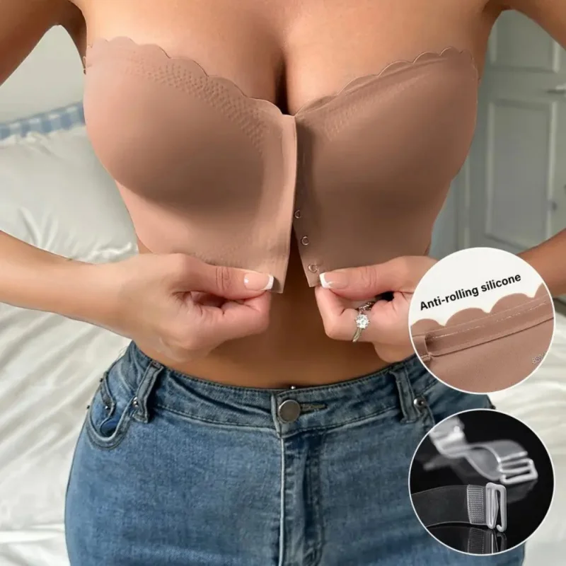 Sutiãs sem alças sem costura para mulheres botão frontal sem costura bandeau ondulado roupa interior versátil tubo superior desgaste interno cor sólida