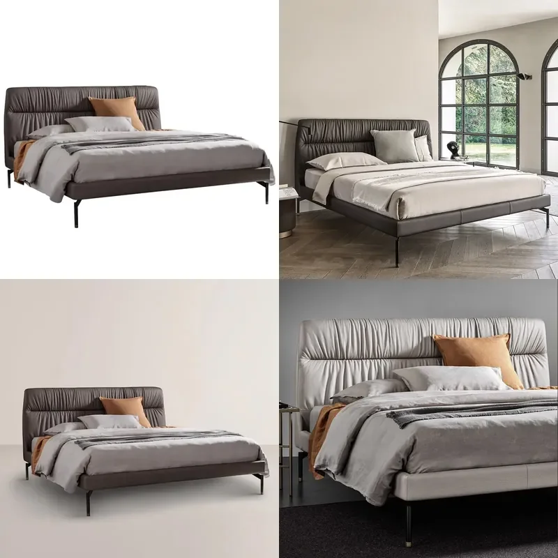Italian Minimalist Floating Leather Bed Modern Light Luxury Thin Profile Pleated Craftsmanship Double Master Bedroom